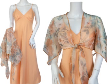 1970's Peach Poly Disco Maxi Dress with Chiffon Top I Sz Med I Butterfly Wing Sleeves