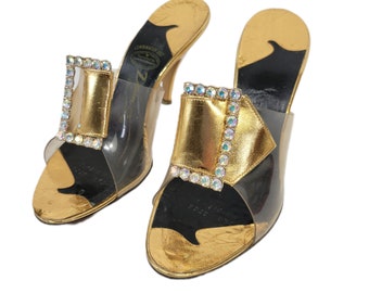 Dream Step Originals 1950's Clear Plastic Gold Rhinestone 4" Slip On Heels I 7.5 I Sandals I Shoes