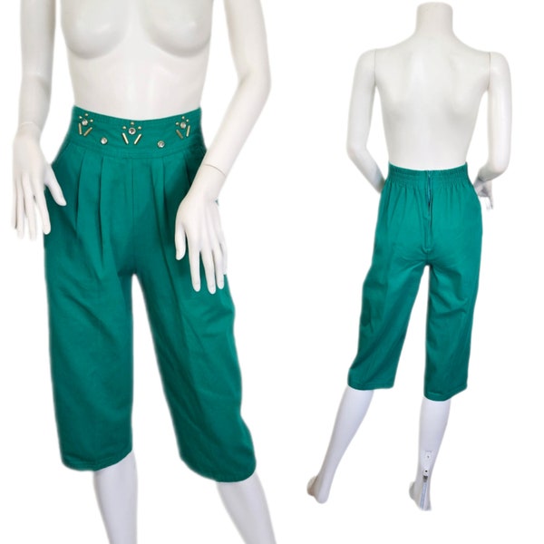 1980's Emerald Green High Waist Cotton Denim Clam Digger Harem Pants I Sz Sm I W: 24" - 28"