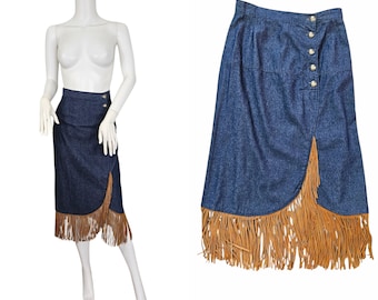 Patricia Wolf 1990s Blue Denim Suede Fringe Western Skirt Med