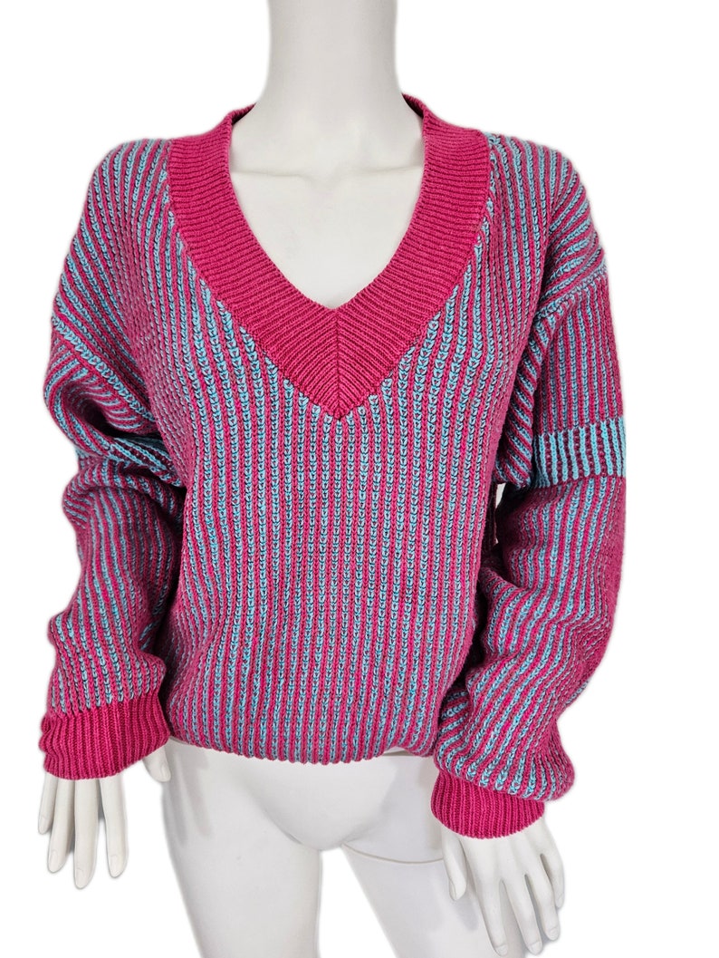 Cacharel 1980's Pink Blue Striped Ribbed Slouchy Pullover Sweater I Sz Med image 3