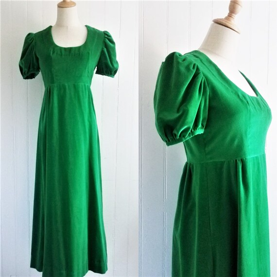 1960's Kelly Green Velvet Long Maxi Dolly Dress//P