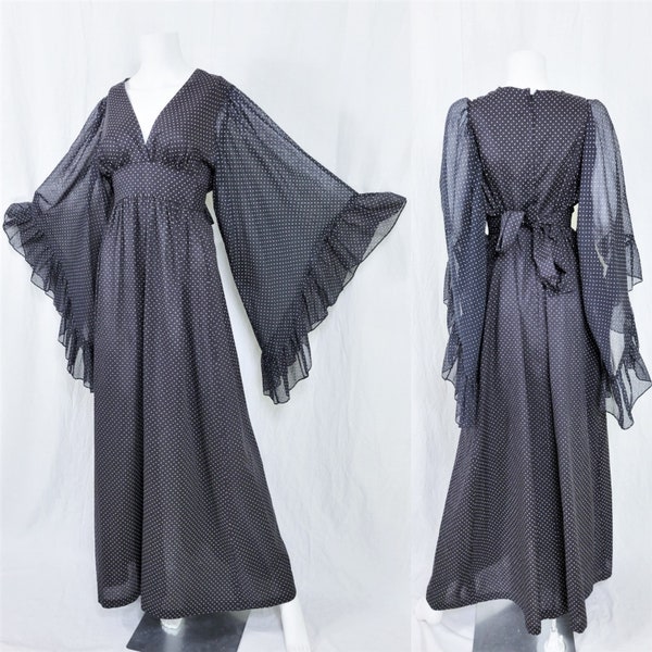 gereserveerd. Etherische jaren 1970 Batwing Semi Pure Zwart Wit Polka Dot Long Maxi Dress I Sz Med I Witchy I Gothic