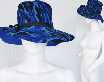 1970's Royal Blue Leopard Print Fabric Wide Brim Fedora Hat I Sz 20.5" I An Original by Dayne