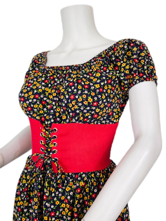 1970's Navy Blue Red Ditsy Print Cotton Corset Wa… - image 3