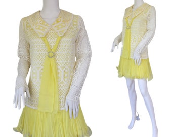 Vicky Vaughn 1960's Yellow White Lace Chiffon Mini GoGo Dress I Sz Med