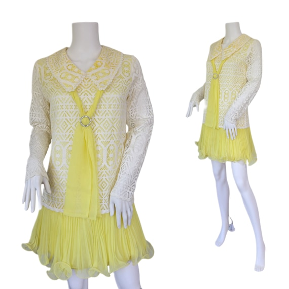 Vicky Vaughn 1960's Yellow White Lace Chiffon Min… - image 1