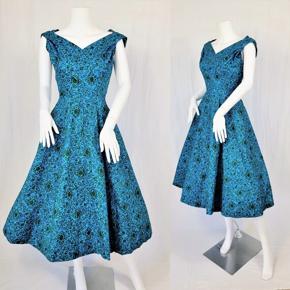 Deadstock 1950's Turquoise Blue Batik Print Cotto… - image 2