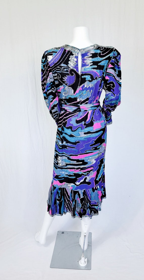 1980's Blue Pink Beaded Sequin Belted Silk Dress … - image 7