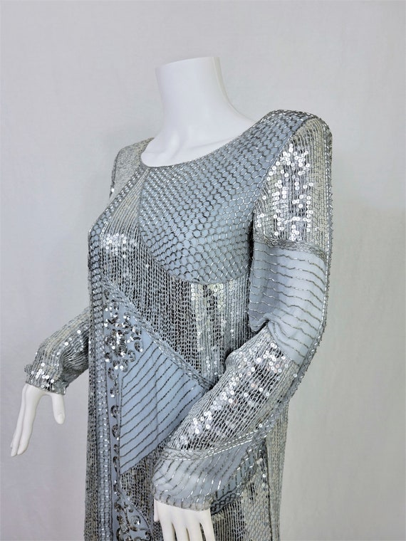 1980's Slate Blue Silk Beaded Shift Dress I Silve… - image 7