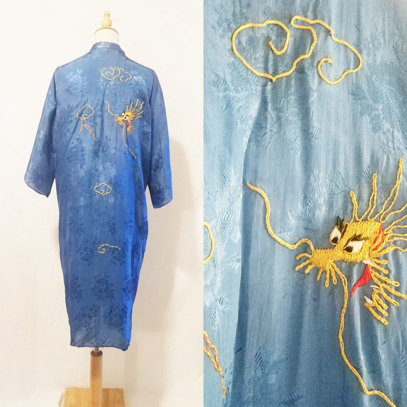 Vintage Light Blue Embossed Rayon RobeJacketDusterCoat with Metallic Embroidered Dragon Med Sz