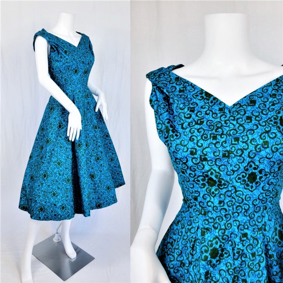 Deadstock 1950's Turquoise Blue Batik Print Cotto… - image 1