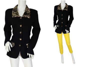 All that Jazz 1990s Schwarz Leopard Print Anzug Mantel Blazer Jacke Gr. Med