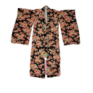 1960's Black Rayon Crepe Art Deco Print Floral Kimono Robe I Sz Med image 4
