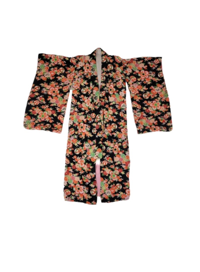 1960's Black Rayon Crepe Art Deco Print Floral Kimono Robe I Sz Med image 4