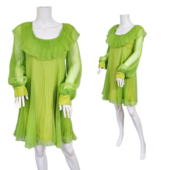 Iconic 1960's Lime Green Pleated Chiffon Baby Dol… - image 1
