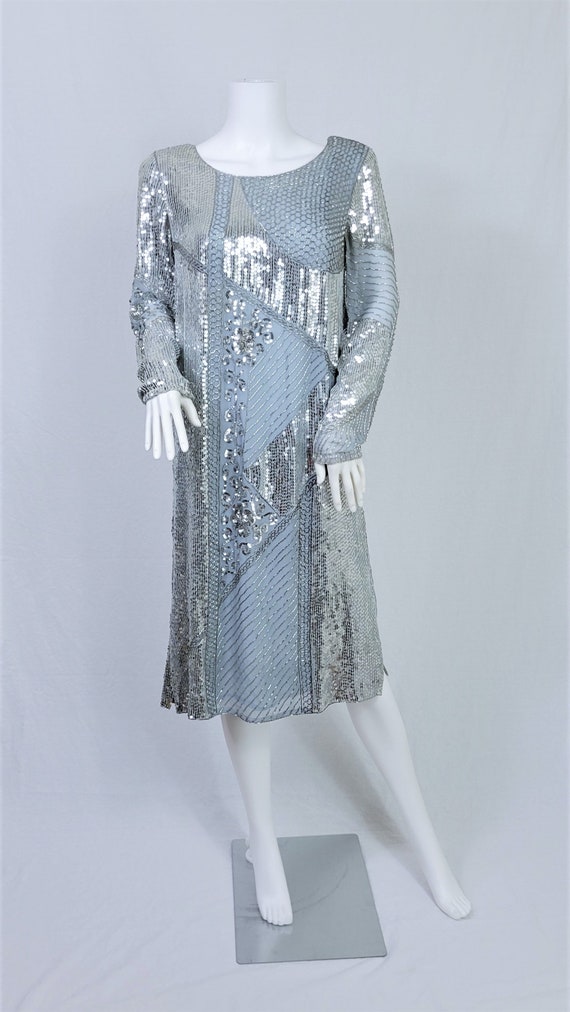 1980's Slate Blue Silk Beaded Shift Dress I Silve… - image 3