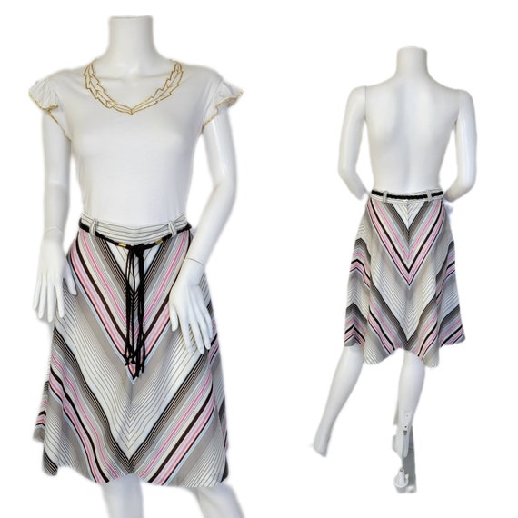 1970's White Pink Chevron Stripe A-Line Skirt I Sz