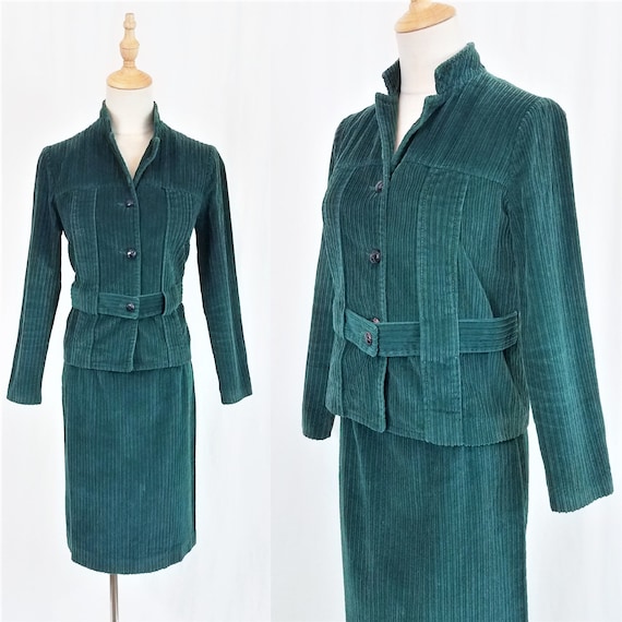 1960's Hunter Green Corduroy 2 Pc Skirt Jacket Set