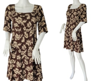 1990's Brown White Hibiscus Floral Print Rayon Baby Doll Dress I Sz Med I The Limited