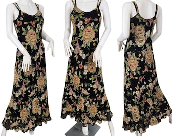 Laureate 1990s Black Rayon Morning Glory Floral Print Bias Cut Long Dress I Sz Med