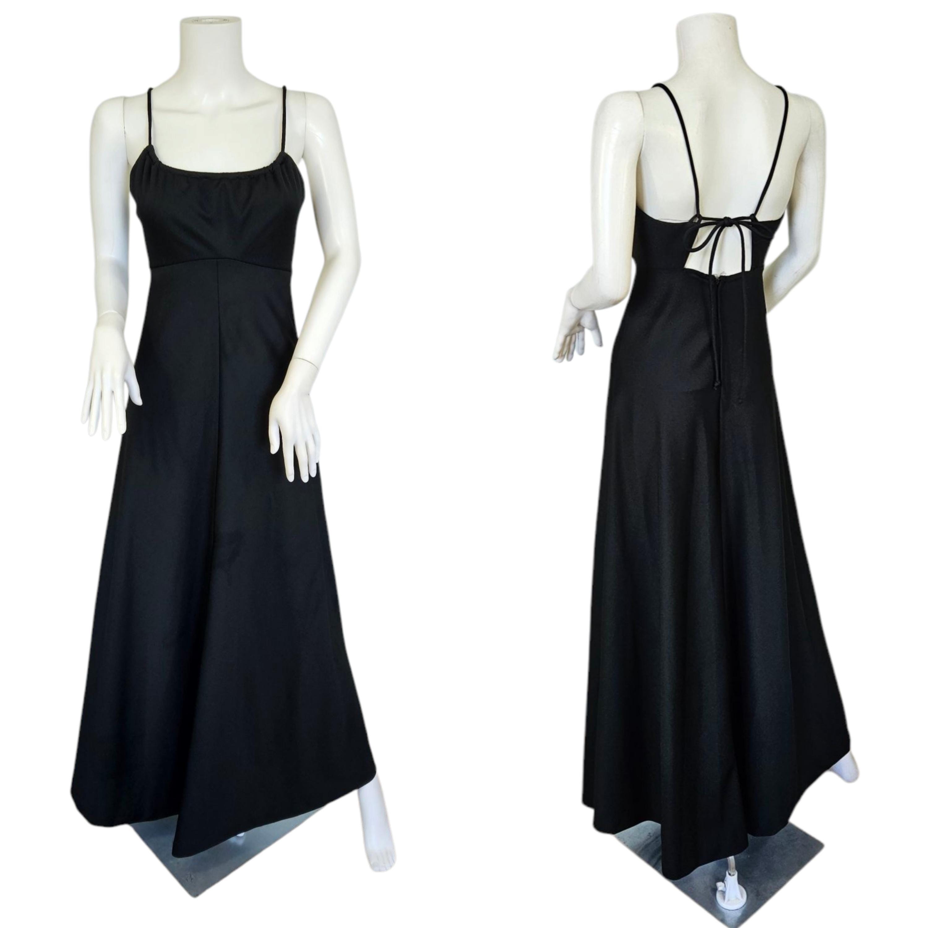 1970s Black Poly Knit Halter Back Maxi Dress I Sz Sm