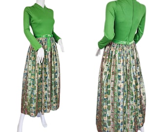 1970's Apple Green Poly Knit Gold Lurex Metallic Skirt Maxi Dress I Sz Sm