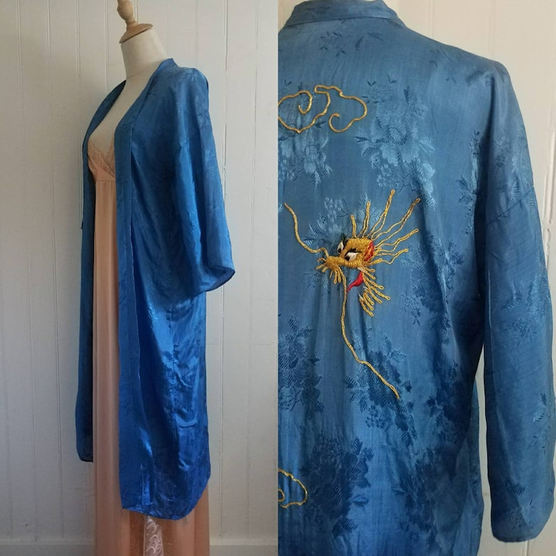 Vintage Light Blue Embossed Rayon RobeJacketDusterCoat with Metallic Embroidered Dragon Med Sz