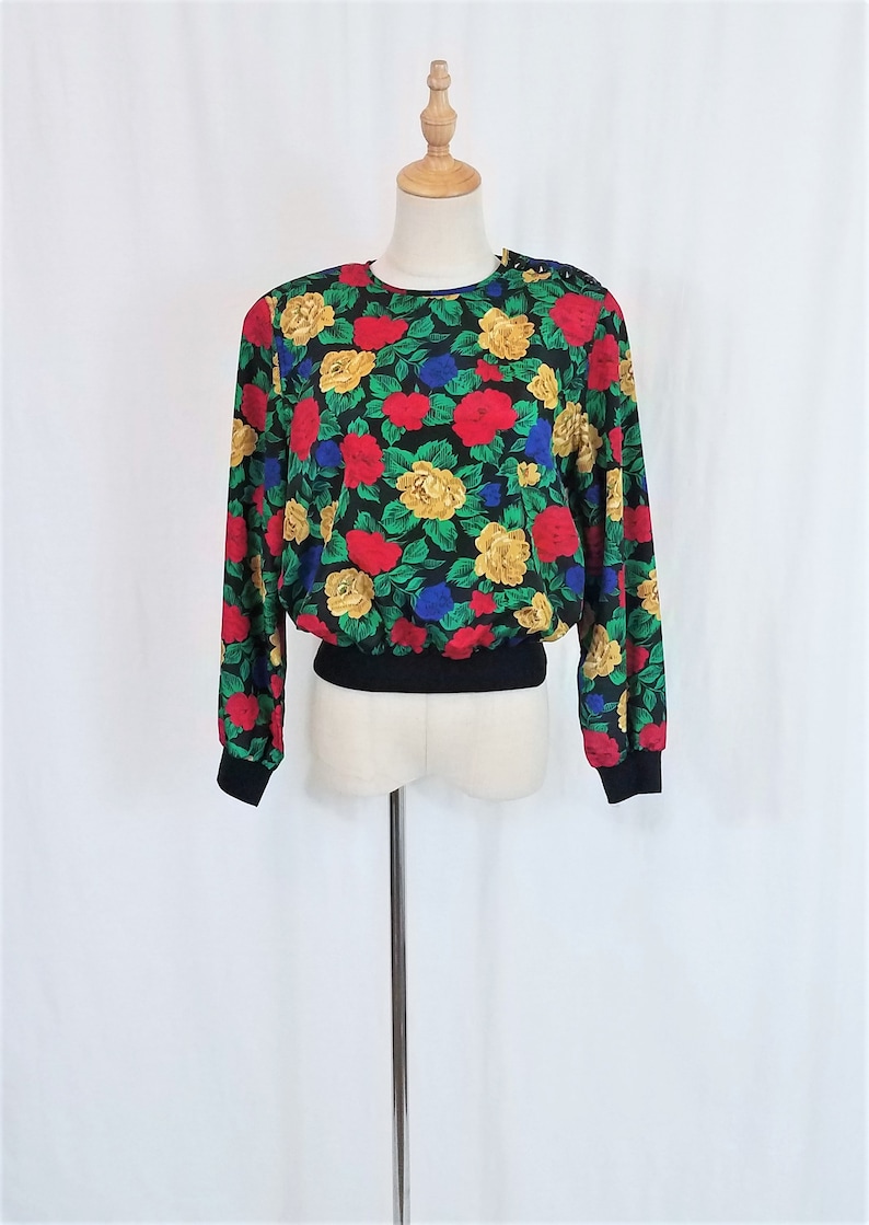 1980/'s Bold Rose Print Banded Waist Poly Shirt I Blouse I Top I Josephine I Sz Med