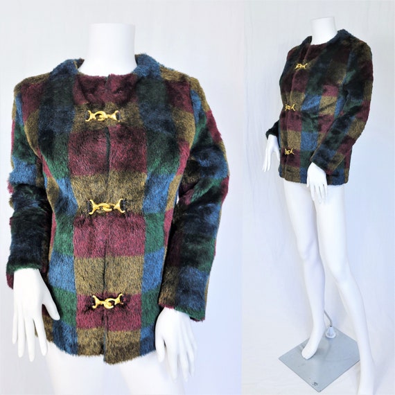 Colorblock 1980's Blue Black Plaid Faux Fur Fuzzy… - image 1