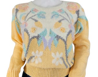 Fluffy 1980s Pastel Yellow Angora Floral Nylon Pullover Sweater Med