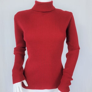 1970's Merlot Red Ribbed Acrylic Turtle Neck Zip Up Knit Sweater I Sz Med image 3