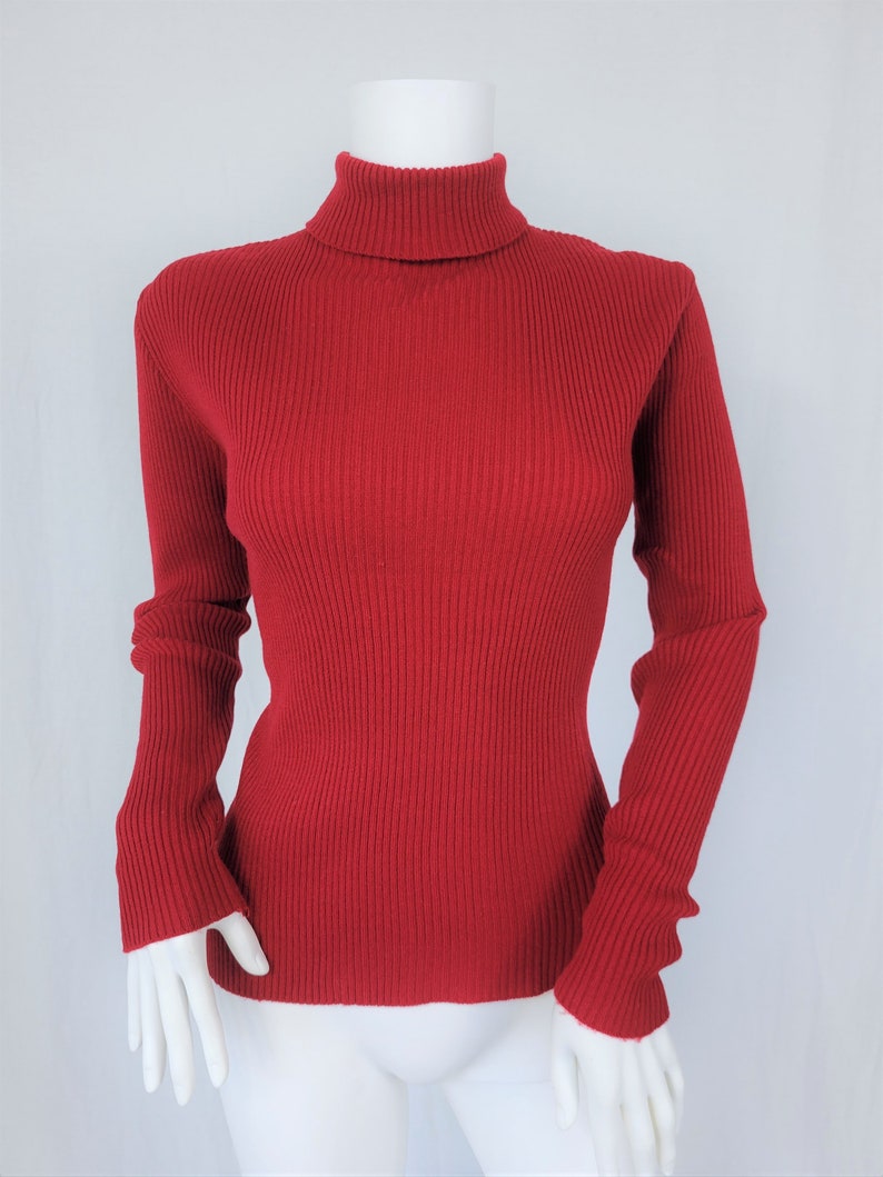 1970's Merlot Red Ribbed Acrylic Turtle Neck Zip Up Knit Sweater I Sz Med image 3