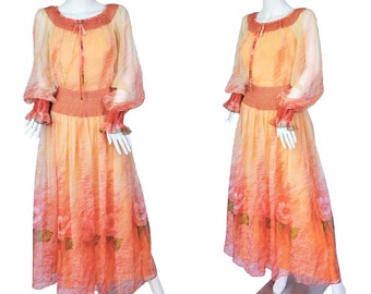 1970's Miss Elliette Orange Chiffon Long Maxi Peasant Dress I Sz Med