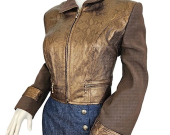 Chaqueta corta de piel sintética marrón con estampado de serpiente de los años 90, colección Sm Twins Leather.