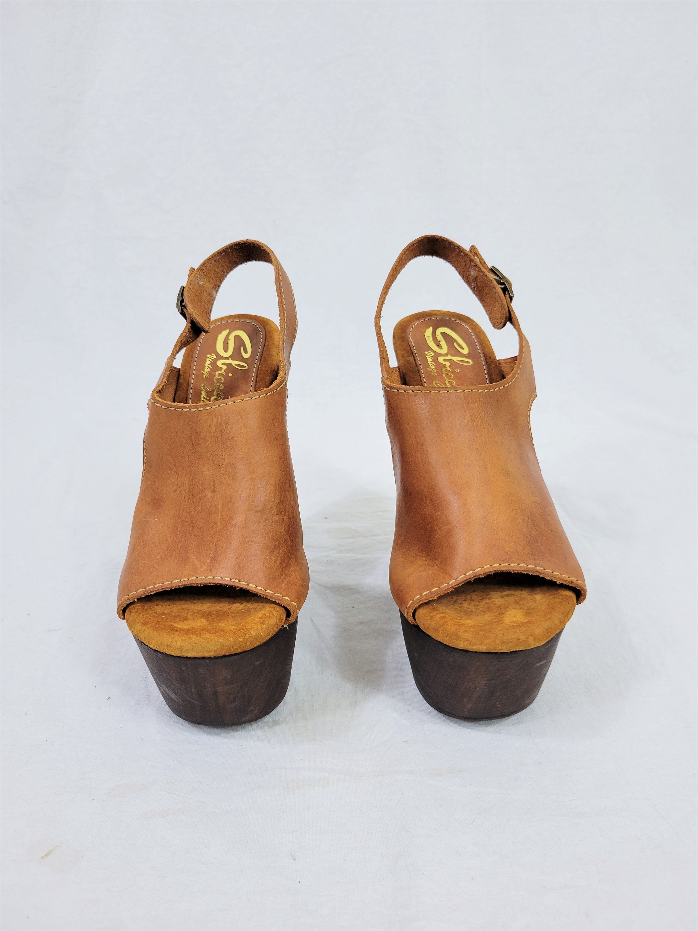 Sbicca Brown Leather Platform Wood Sole Sandals I Vintage | Etsy