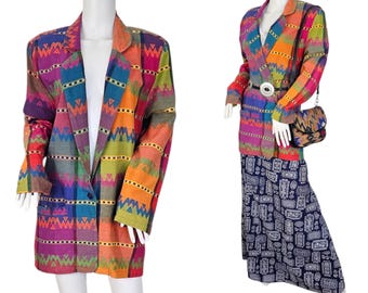 Blazer oversize in cotone con motivo Santa Fe colorato anni '90, taglia L