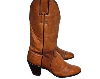 Stivali da cowboy western Justin con tacco a spillo in pelle marrone anni '70, taglia I, taglia 5,5