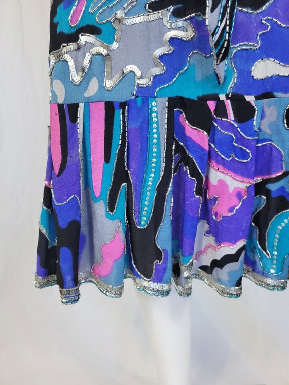1980's Blue Pink Beaded Sequin Belted Silk Dress … - image 5