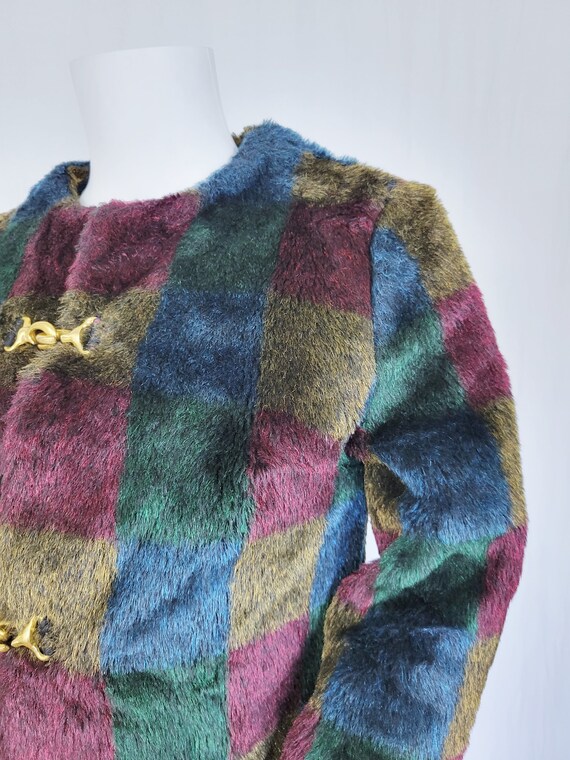 Colorblock 1980's Blue Black Plaid Faux Fur Fuzzy… - image 5