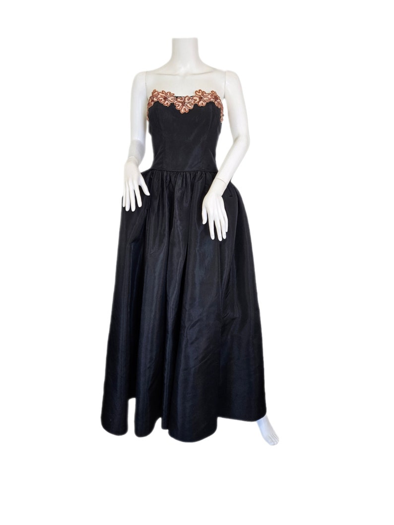 1950's Strapless Black Taffeta Pink Sequin Gown Dress I Sz Med I B: 38 image 2