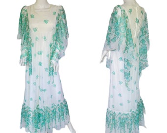 1970's Green White Floral Poly Chiffon Angel Wing Sleeve Maxi Dress I Sz  MedMed