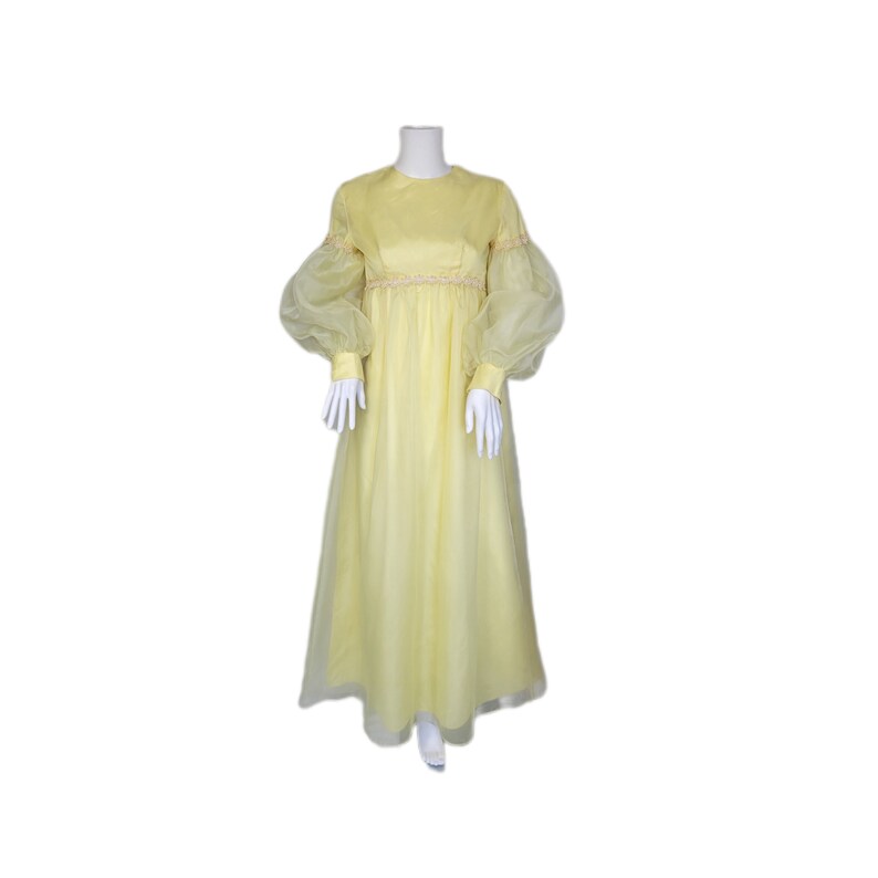 Lorrie Deb 1960's Pale Yellow Bridgerton Style Empire Waist Chiffon Maxi Dress I Sz SM image 3