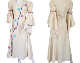 1970's Ivory Homespun Cotton Appliqued Hearts Maxi Dress I Sz Med I Angle Wing Sleeves