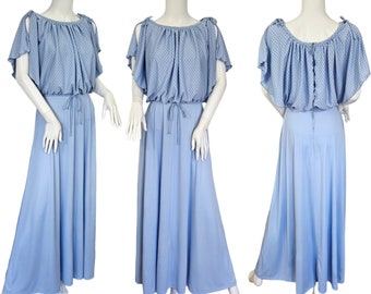 Terri Jrs 1970's longue robe longue en poly bleu pervenche à imprimé pois I Sz Med