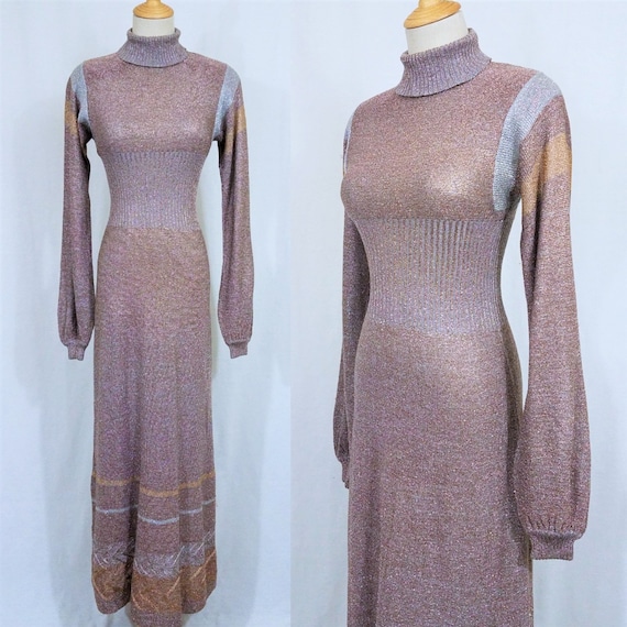 1970's Metallic Bronze Lurex Long Maxi Dress I Sz