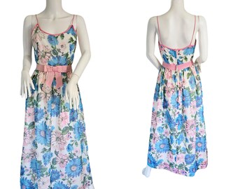 1960's Sleeveless Blue Pink Floral Daisy Print Long Maxi Dress I Sz Med