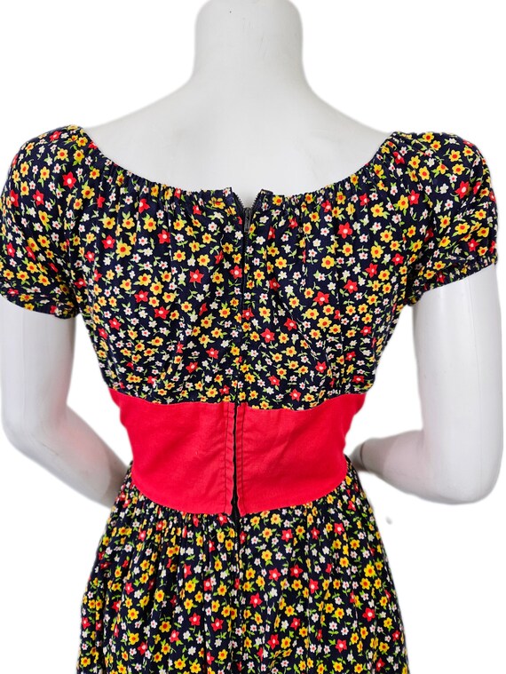 1970's Navy Blue Red Ditsy Print Cotton Corset Wa… - image 6