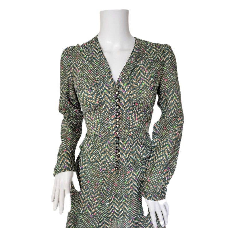 2 Pc 1970's Green Pixilated Herringbone Print Shirt Mini Skirt Top Suit Set I Sz Sm image 5