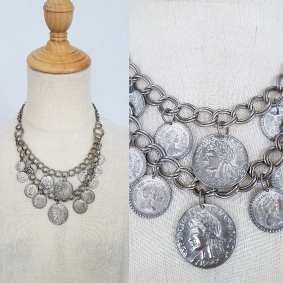 1950's Silver Metal Roman Coin Festoon Necklace